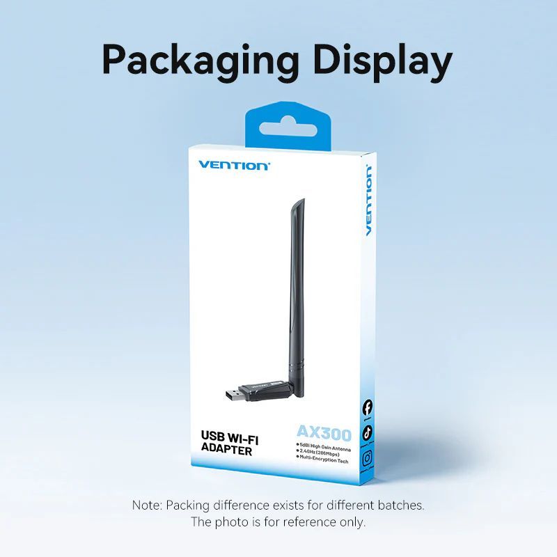 Vention AX300 USB Wi-Fi Single Band Adapter With High Gain Antenna Black