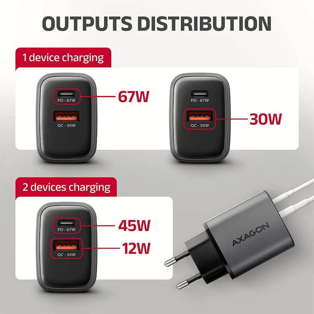 AXAGON ACU-PQ67 PD3.0 & QC4+ 2xOUTPUTS wall charger 67W Black AXAGON ACU-PQ67 PD3.0 & QC4+ 2xOUTPUTS wall charger 67W Black