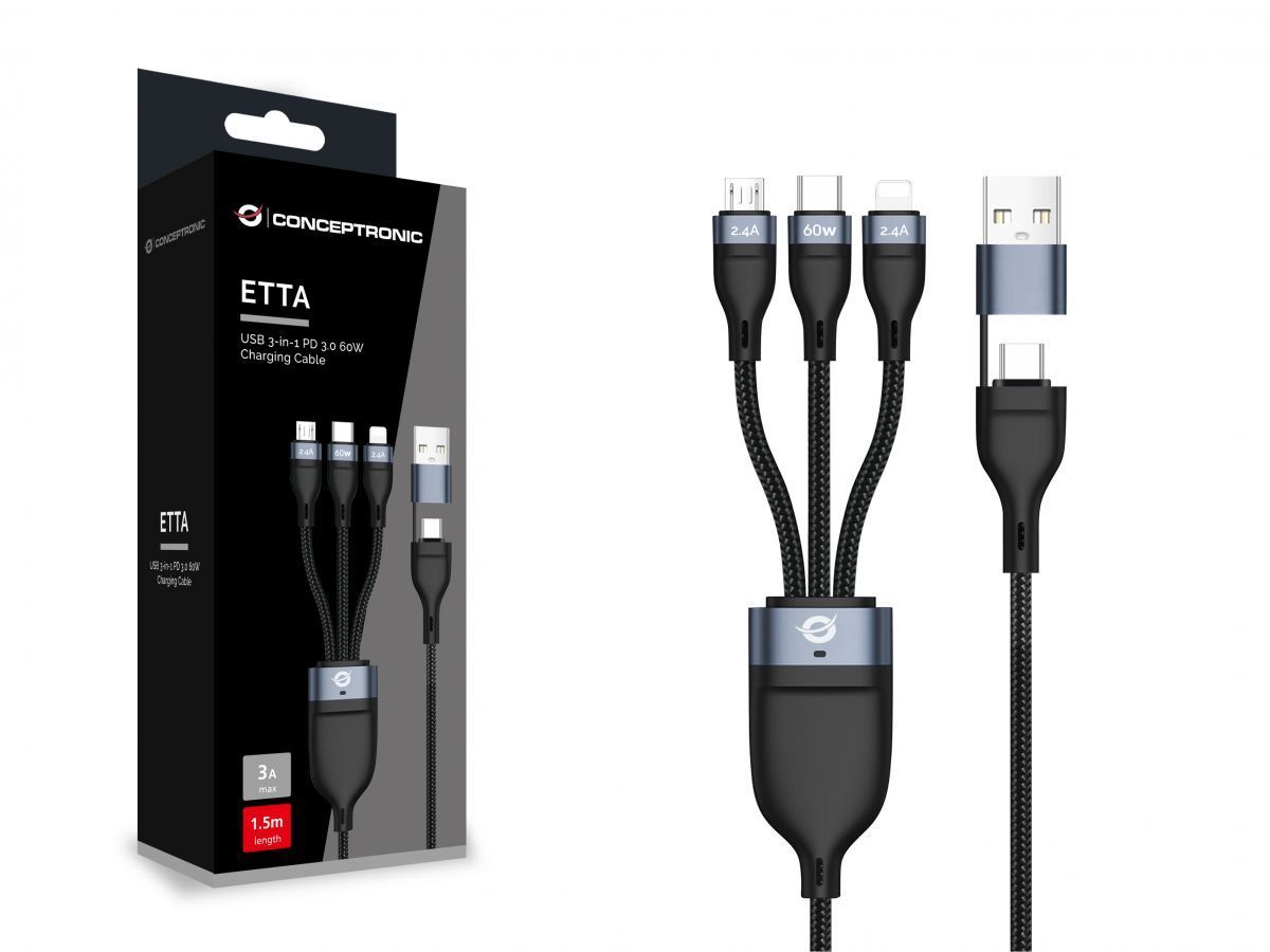 Conceptronic ETTA05B15 3-in-1 60W Fast Charging Data Cable 1,5m Black