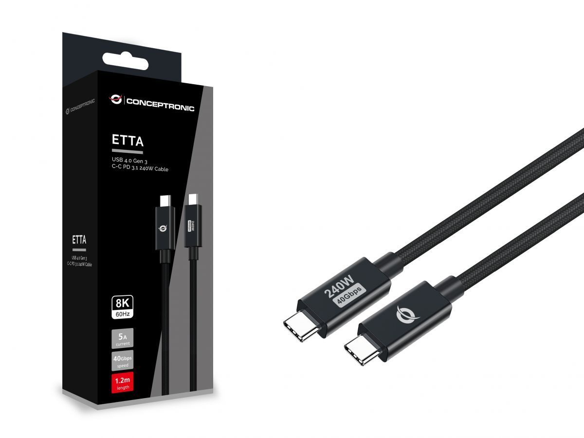 Conceptronic ETTA04B12 USB4.0 Gen3 USB-C-USB-C PD3.1 240W cable 1,2m Black