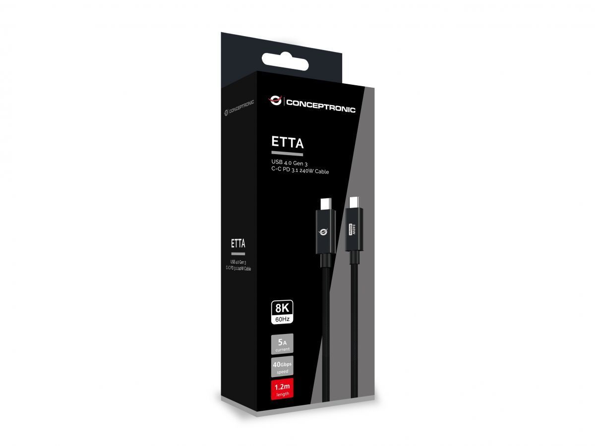 Conceptronic ETTA04B12 USB4.0 Gen3 USB-C-USB-C PD3.1 240W cable 1,2m Black