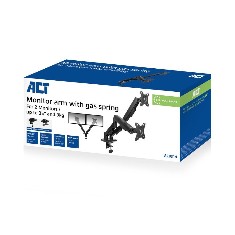 ACT AC8314 Gas Spring Dual Monitor Arm 17"-35" Black ACT AC8314 Gas Spring Dual Monitor Arm 17"-35" Black