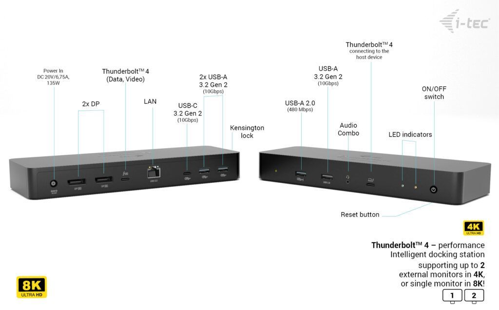 I-TEC Thunderbolt 4 Intelligent Dual Display Docking Station + Power Delivery 90W I-TEC Thunderbolt 4 Intelligent Dual Display Docking Station + Power Delivery 90W