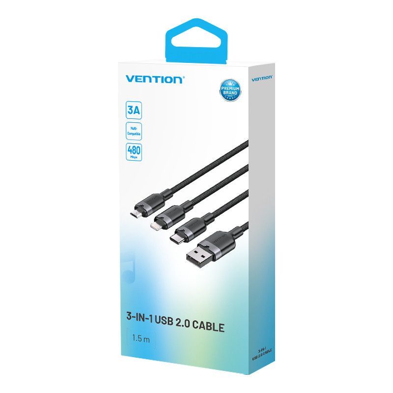 Vention USB 2.0 A to USB-C/Lightning/Micro USB-B Cable 1,5m Black
