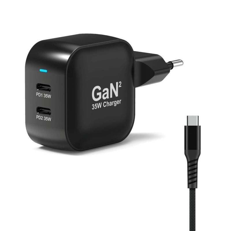 Port Designs GaN2 PD 35W Wall Charger with 2M USB-C cable Black Port Designs GaN2 PD 35W Wall Charger with 2M USB-C cable Black