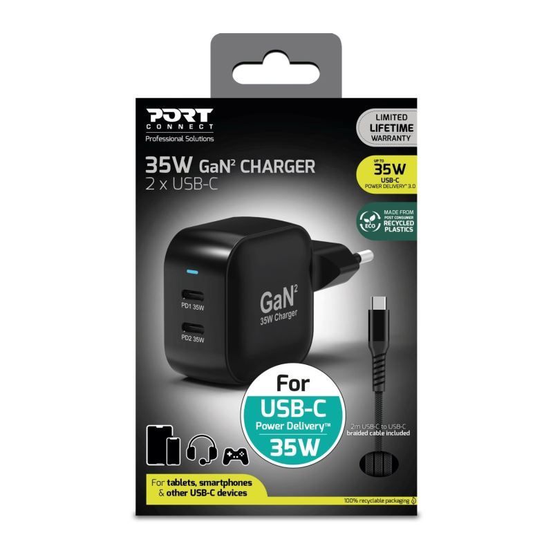 Port Designs GaN2 PD 35W Wall Charger with 2M USB-C cable Black Port Designs GaN2 PD 35W Wall Charger with 2M USB-C cable Black