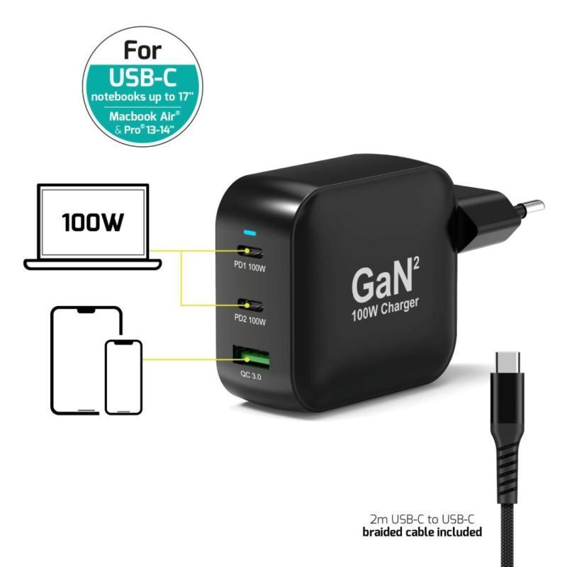 Port Designs GaN2 PD 100W Wall Charger with 2M USB-C cable Black