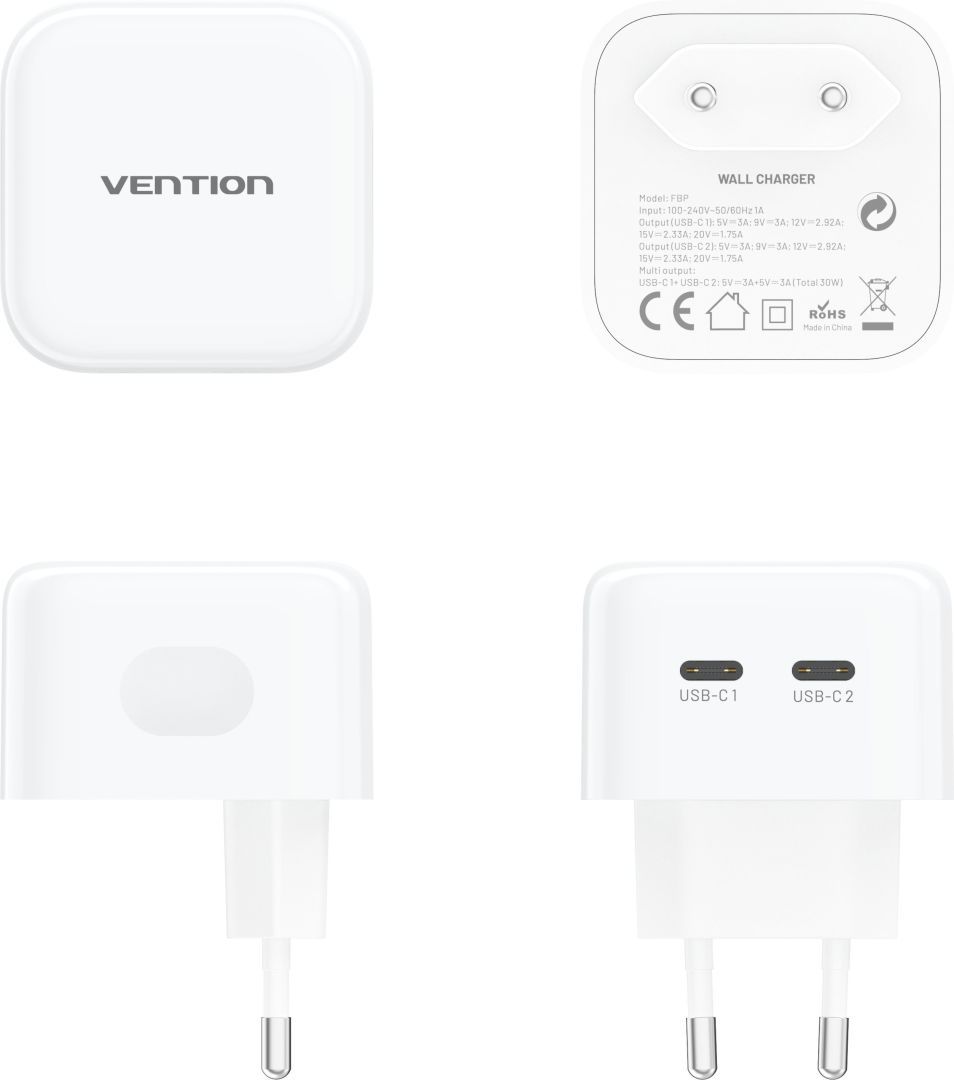Vention 2-Port USB-C Charger White