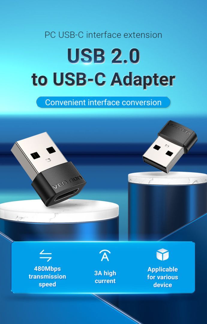 Vention USB-A 2.0/M -> USB-C/F Adapter Black Vention USB-A 2.0/M -> USB-C/F Adapter Black