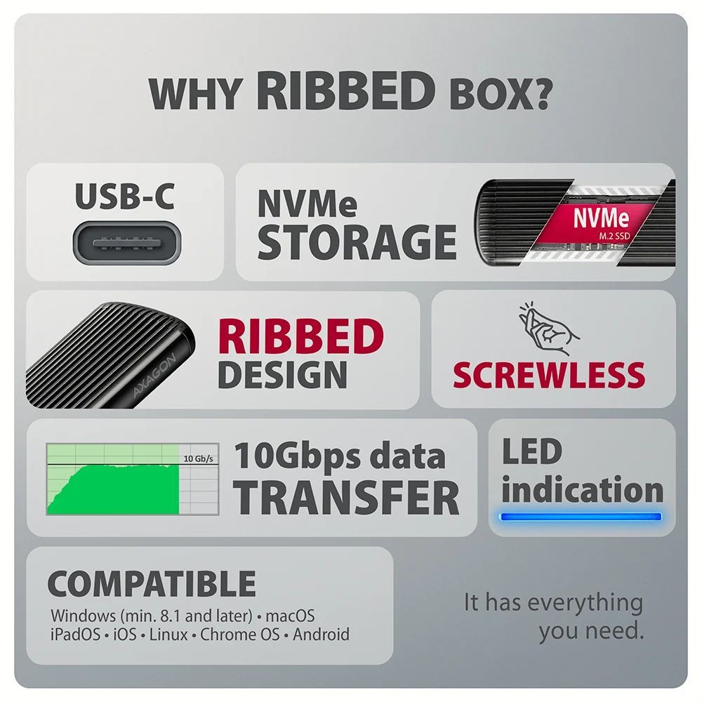 AXAGON EEM2-SC USB-C 10Gbps M.2 NVMe SSD RIBBED Box