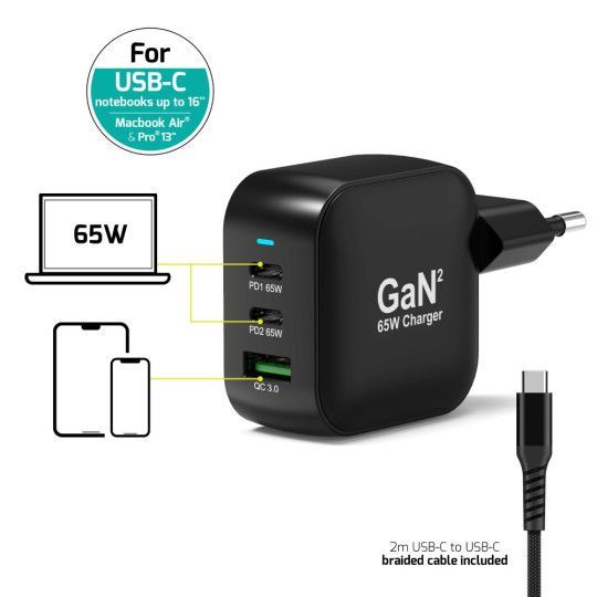 Port Designs 65W GaN2 USB-C wall charger + 2m USB-C cable Black