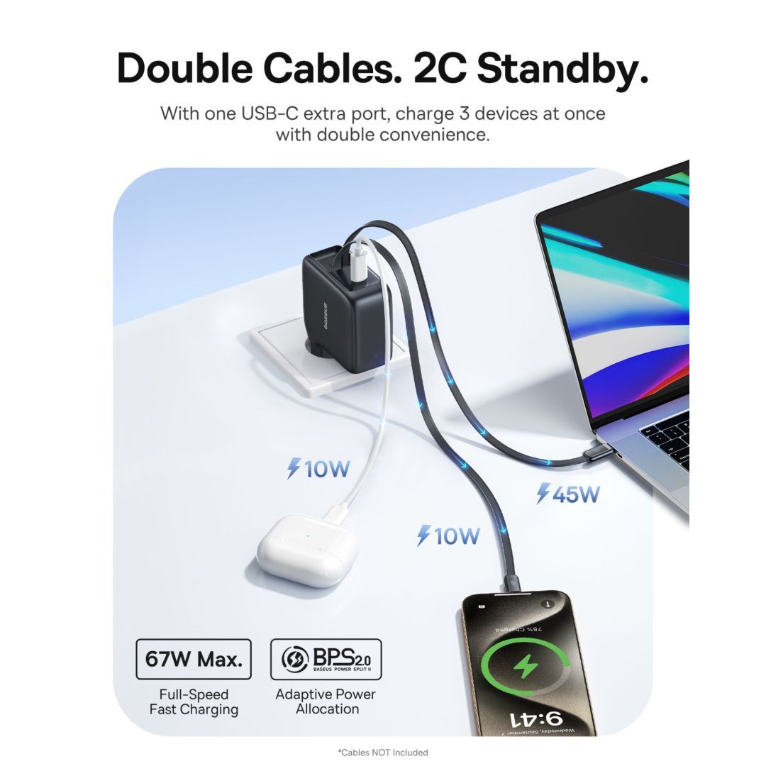 Baseus EnerCore CJ21 Charger Retractable 3C 67W EU Black