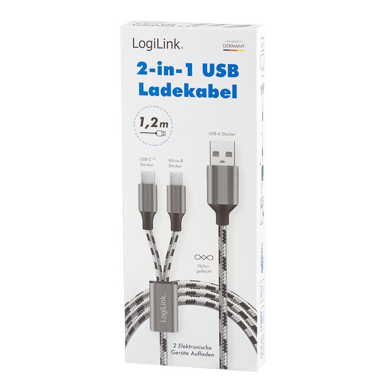 Logilink USB 2.0 USB-A/M to Micro-USB + USB-C cable 1,2m White/Black