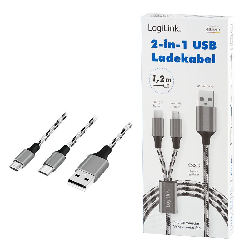 Logilink USB 2.0 USB-A/M to Micro-USB + USB-C cable 1,2m White/Black