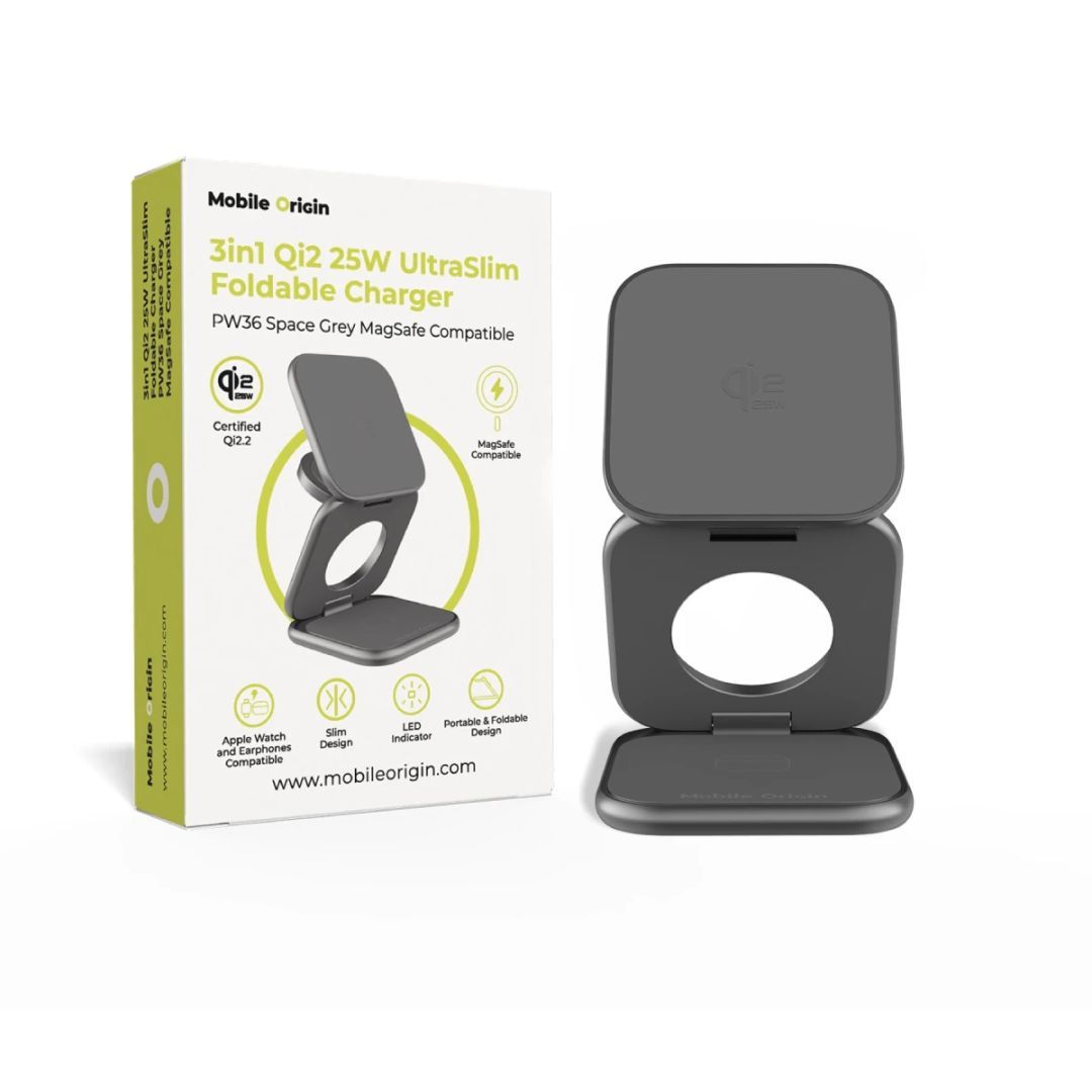 Mobile Origin PW36 3in1 Qi2 25W UltraSlim Foldable Charger Space Grey