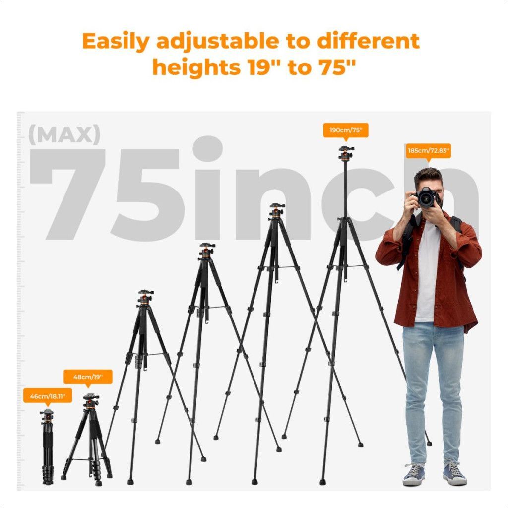 K&F Concept S255A3+BH-36 állvány, 190cm magasság, 8kg teherbírás, telefon, tablet, bluetooth adapter