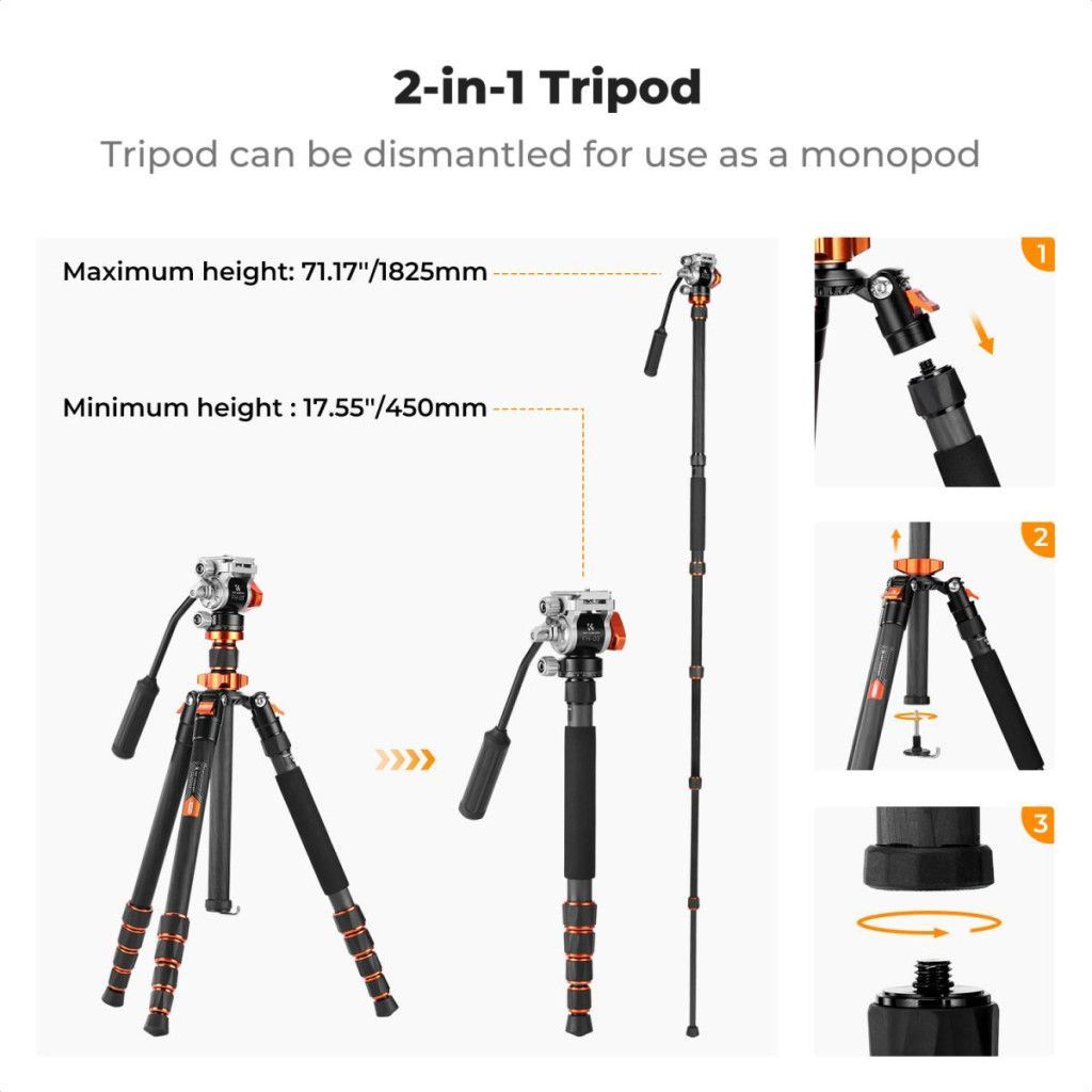 K&F Concept O255C4+FH-03 karbon videóállvány, 170cm magasság, 5kg teherbírás