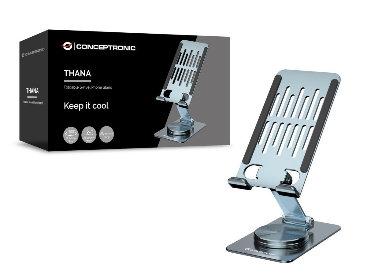Conceptronic THANA08G Foldable Swivel Phone Stand 360° Rotating Base Adjustable Height Grey