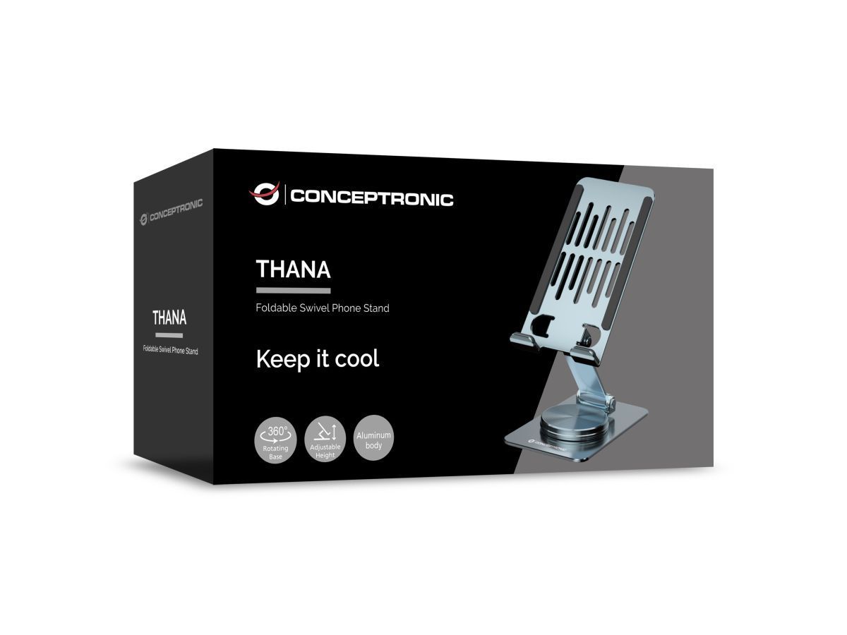 Conceptronic THANA08G Foldable Swivel Phone Stand 360° Rotating Base Adjustable Height Grey