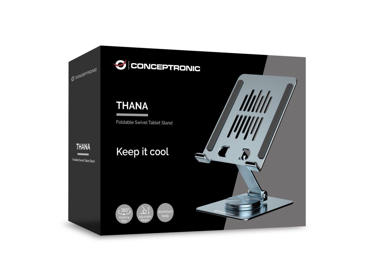 Conceptronic THANA09G Foldable Swivel Tablet Stand 360° Rotating Base Adjustable Height Grey