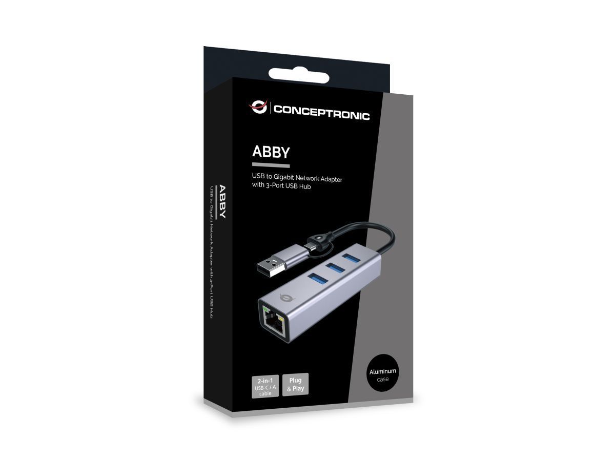 Conceptronic ABBY25G USB-C to Gigabit Network Adapter with 3-Port USB Hub