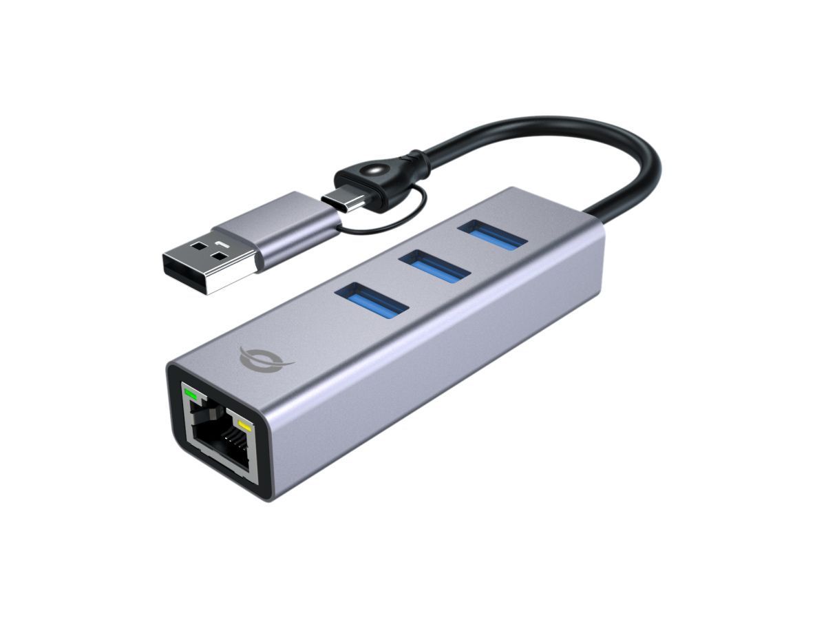 Conceptronic ABBY25G USB-C to Gigabit Network Adapter with 3-Port USB Hub