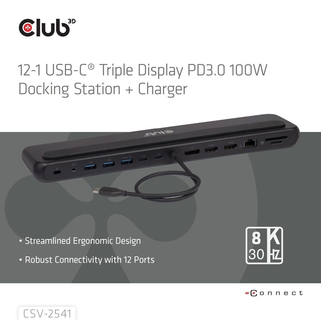 Club3D CSV-2541 12‑1 USB‑C Triple Display PD 100W Docking Station + Charger