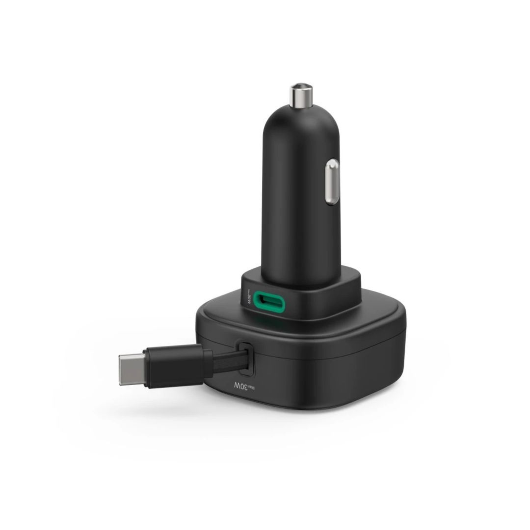 Hama Car Fast Charger 2xUSB-C Retractable Charging Cable PD 30W Black