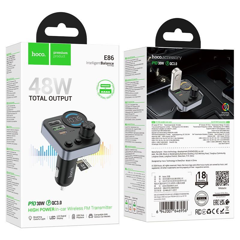 Hoco E86 Alegria Bluetooth FM-transmitter Black