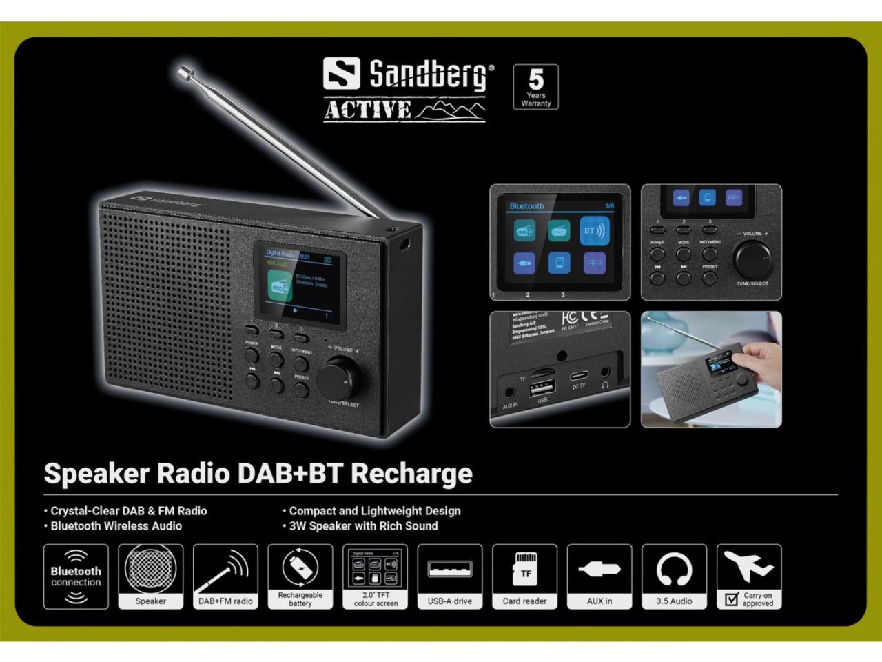 Sandberg Speaker Radio DAB+BT Recharge Black