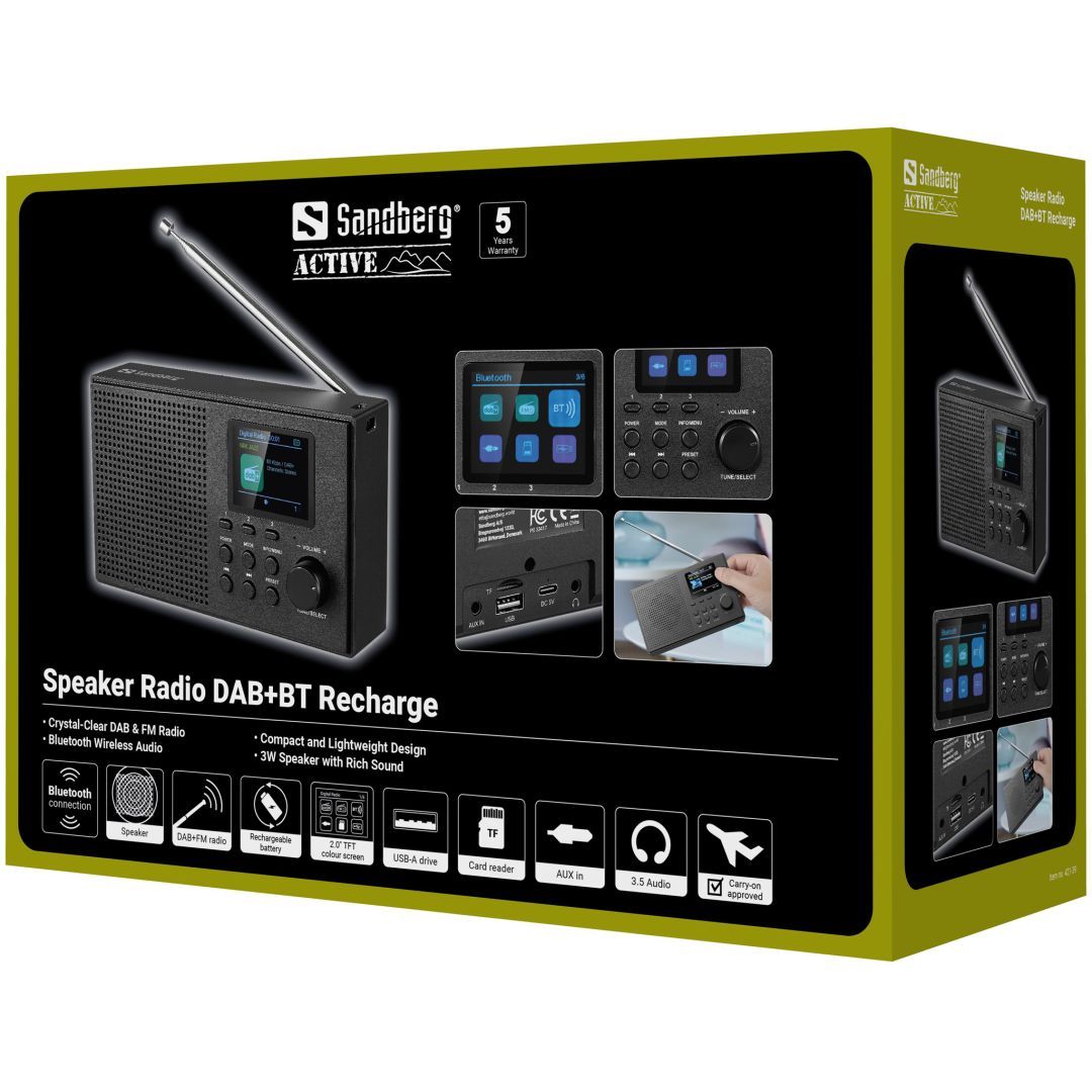 Sandberg Speaker Radio DAB+BT Recharge Black