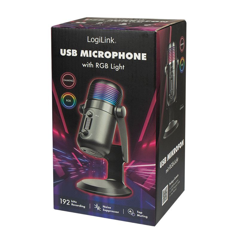 Logilink Microphone Cardioid NRC 192kHz@24bit RGB Light Streaming Podcast Studio Black
