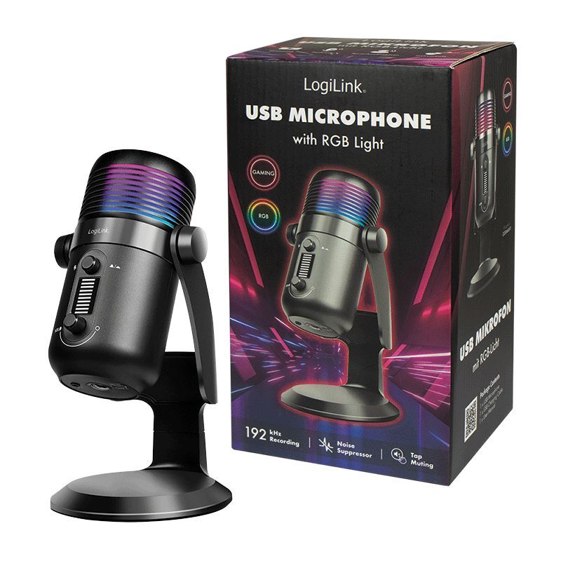 Logilink Microphone Cardioid NRC 192kHz@24bit RGB Light Streaming Podcast Studio Black
