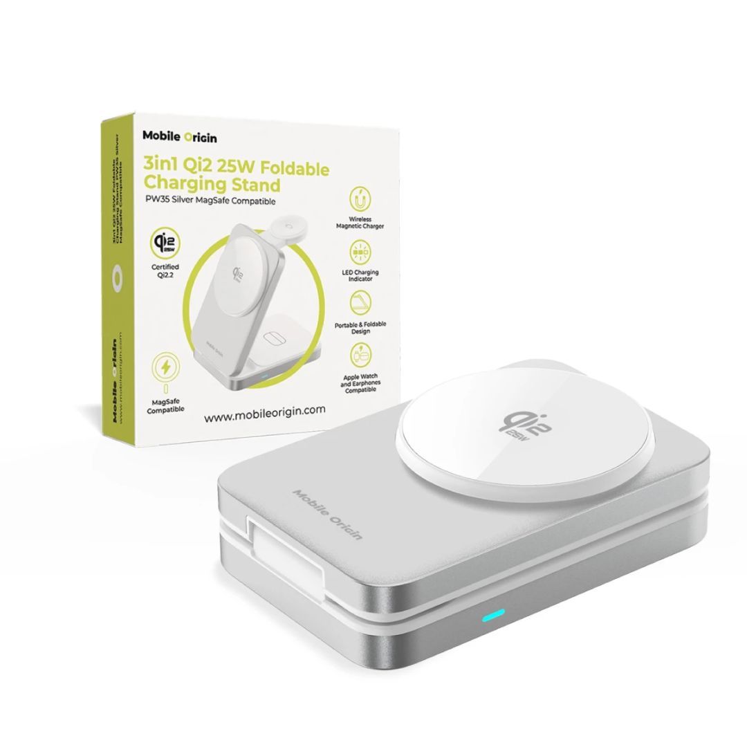 Mobile Origin 3in1 Qi2 MagSafe Compatible Foldable Charging Stand 25W PW35 Silver Mobile Origin 3in1 Qi2 MagSafe Compatible Foldable Charging Stand 25W PW35 Silver