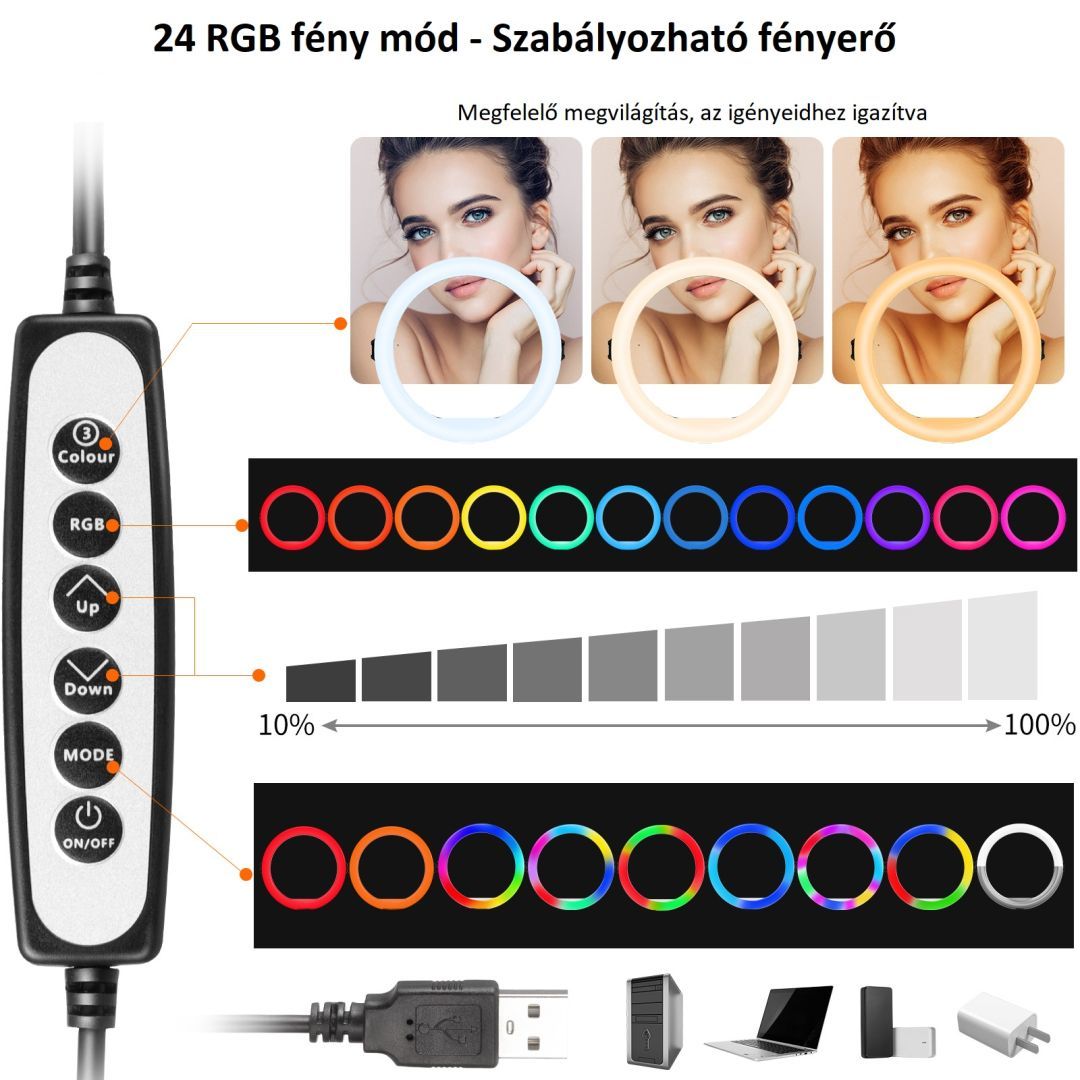 Ulanzi K15 RGB gyűrűs lámpa állvánnyal 1 db hajlítható hattyúnyakkal és telefontartóval