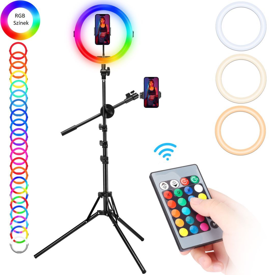 Ulanzi K15 RGB gyűrűs lámpa állvánnyal 1 db hajlítható hattyúnyakkal és telefontartóval