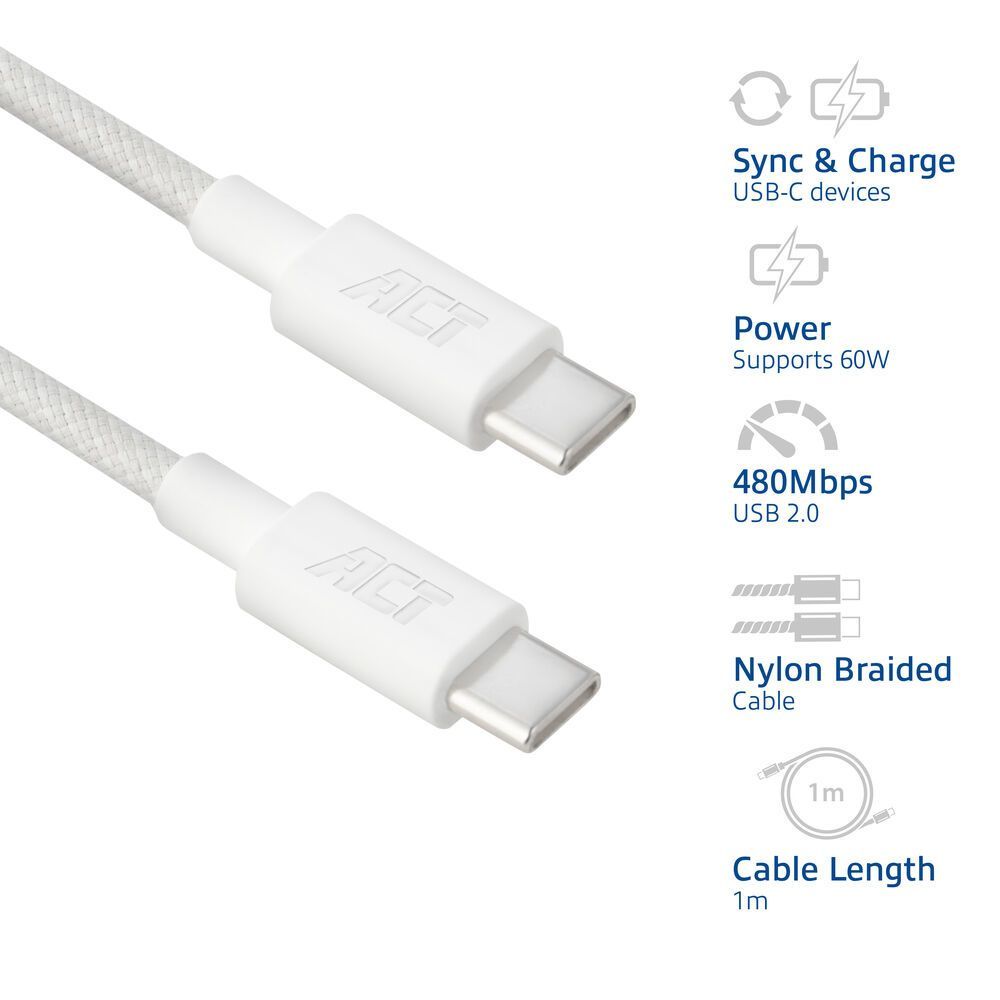 ACT USB 2.0 60W charging/data cable USB-C to USB-C 1m White