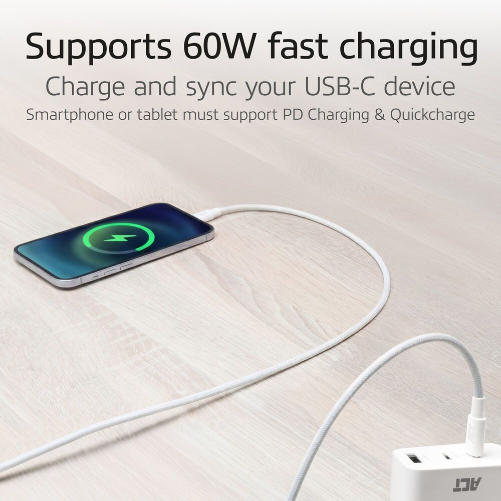 ACT USB 2.0 60W charging/data cable USB-C to USB-C 1m White