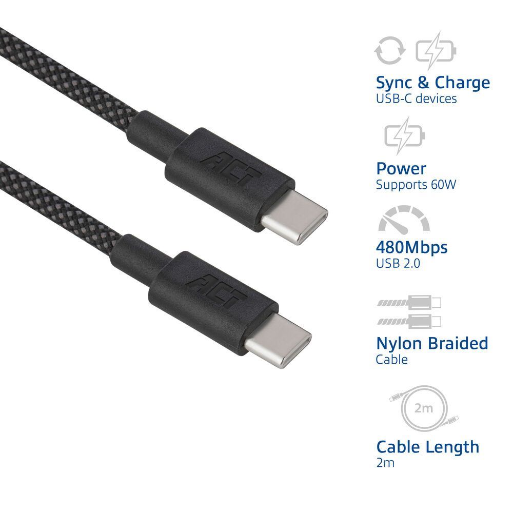 ACT USB 2.0 60W charging/data cable USB-C to USB-C 2m Black