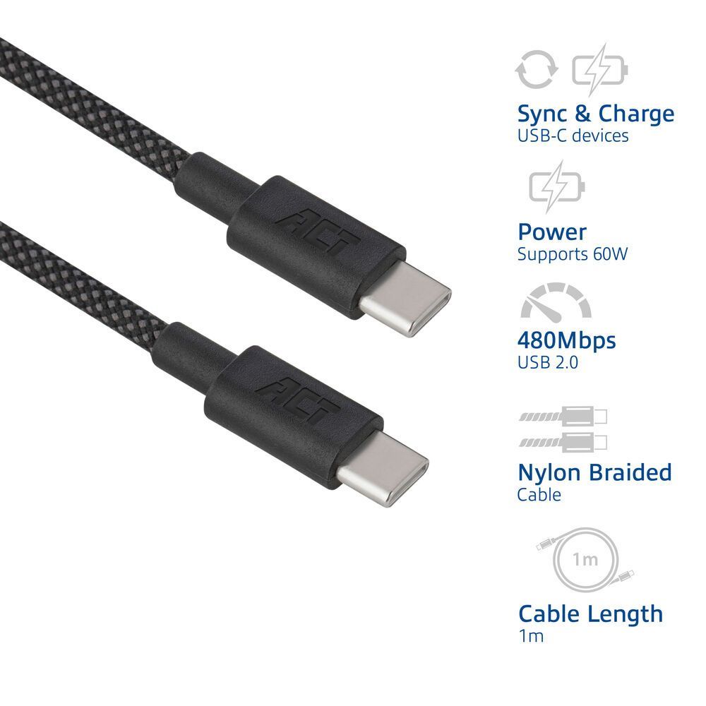 ACT USB 2.0 60W charging/data cable USB-C to USB-C 1m Black