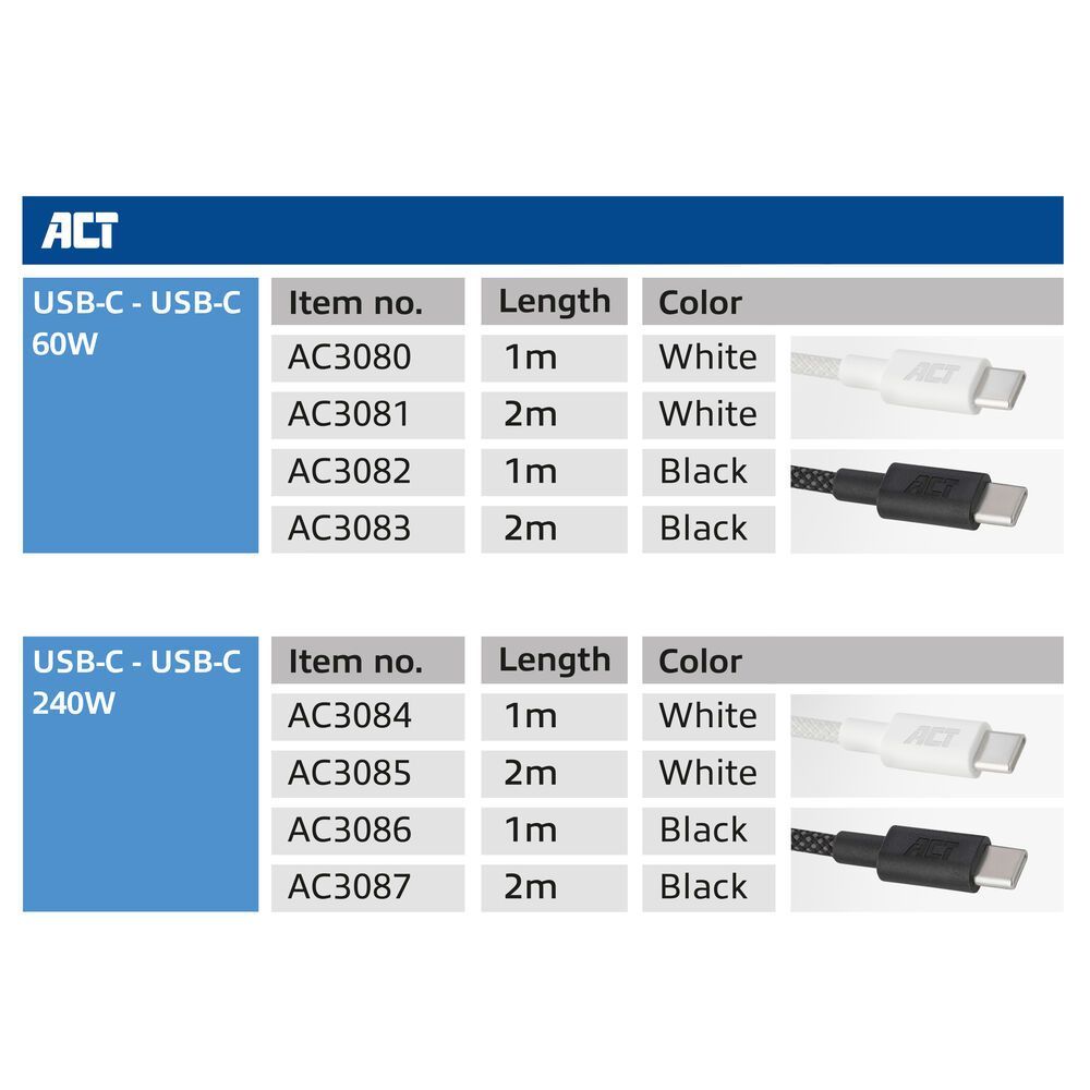ACT USB 2.0 60W charging/data cable USB-C to USB-C 1m Black