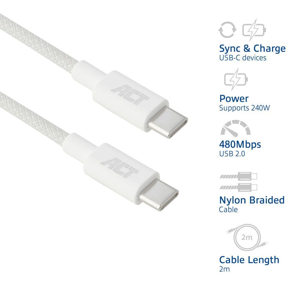 ACT USB 2.0 240W charging/data cable USB-C to USB-C 2m White