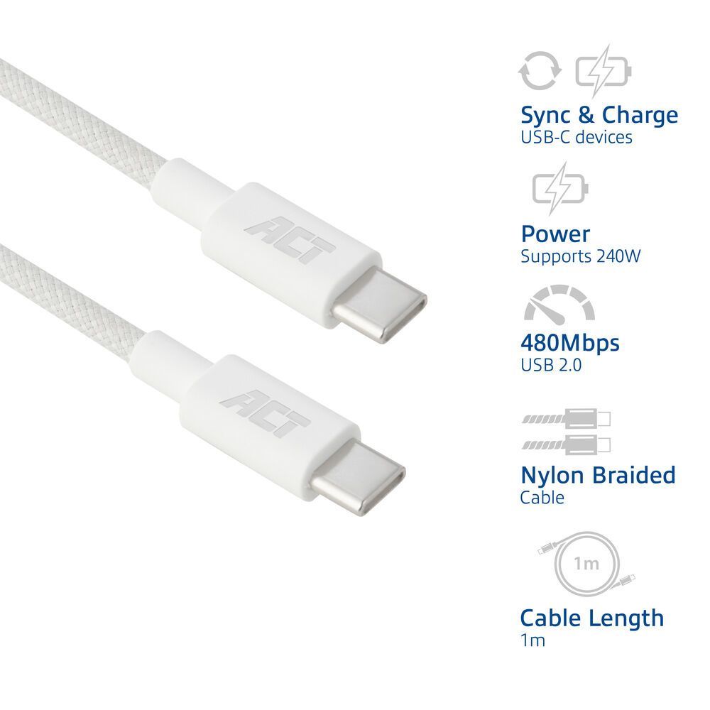 ACT USB 2.0 240W charging/data cable USB-C to USB-C 1m White