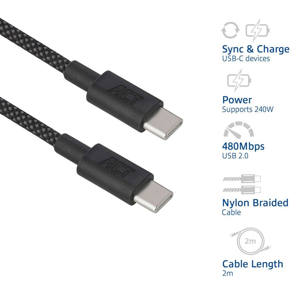 ACT USB 2.0 240W charging/data cable USB-C to USB-C 2m Black