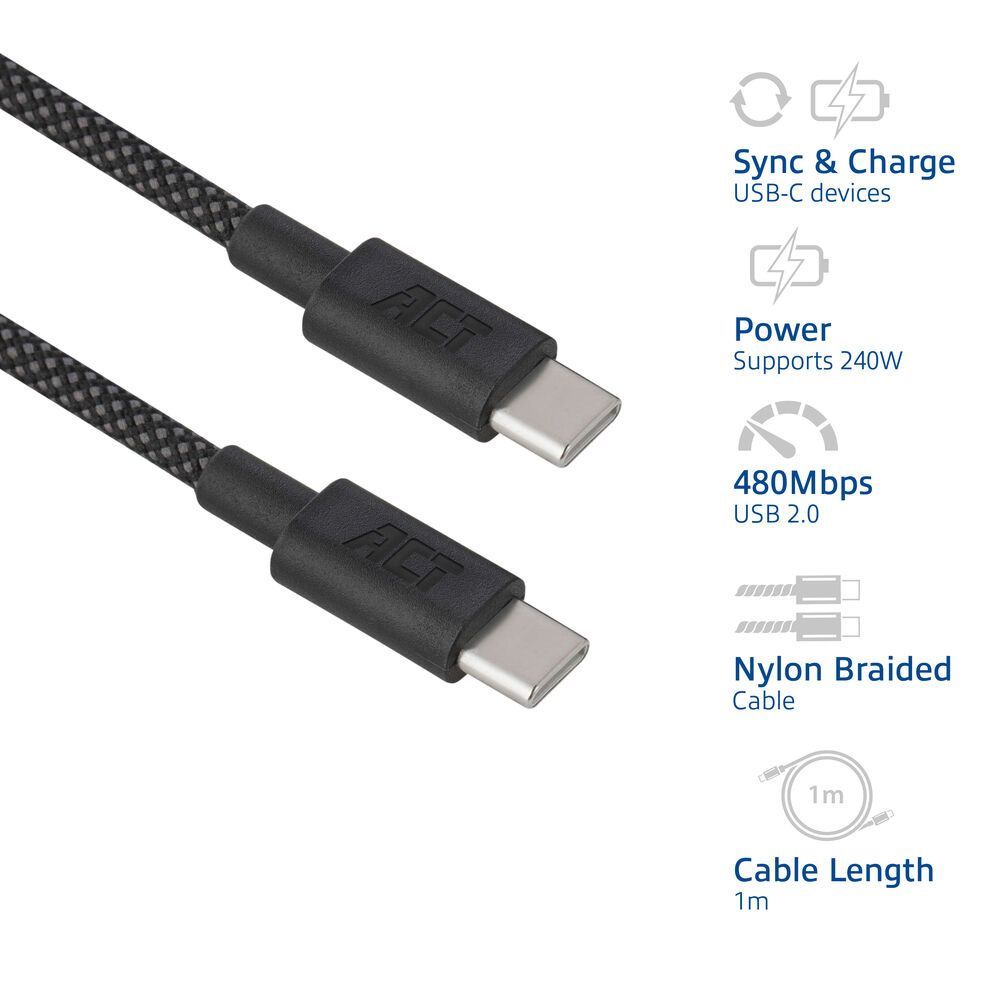 ACT USB 2.0 240W charging/data cable USB-C to USB-C 1m Black