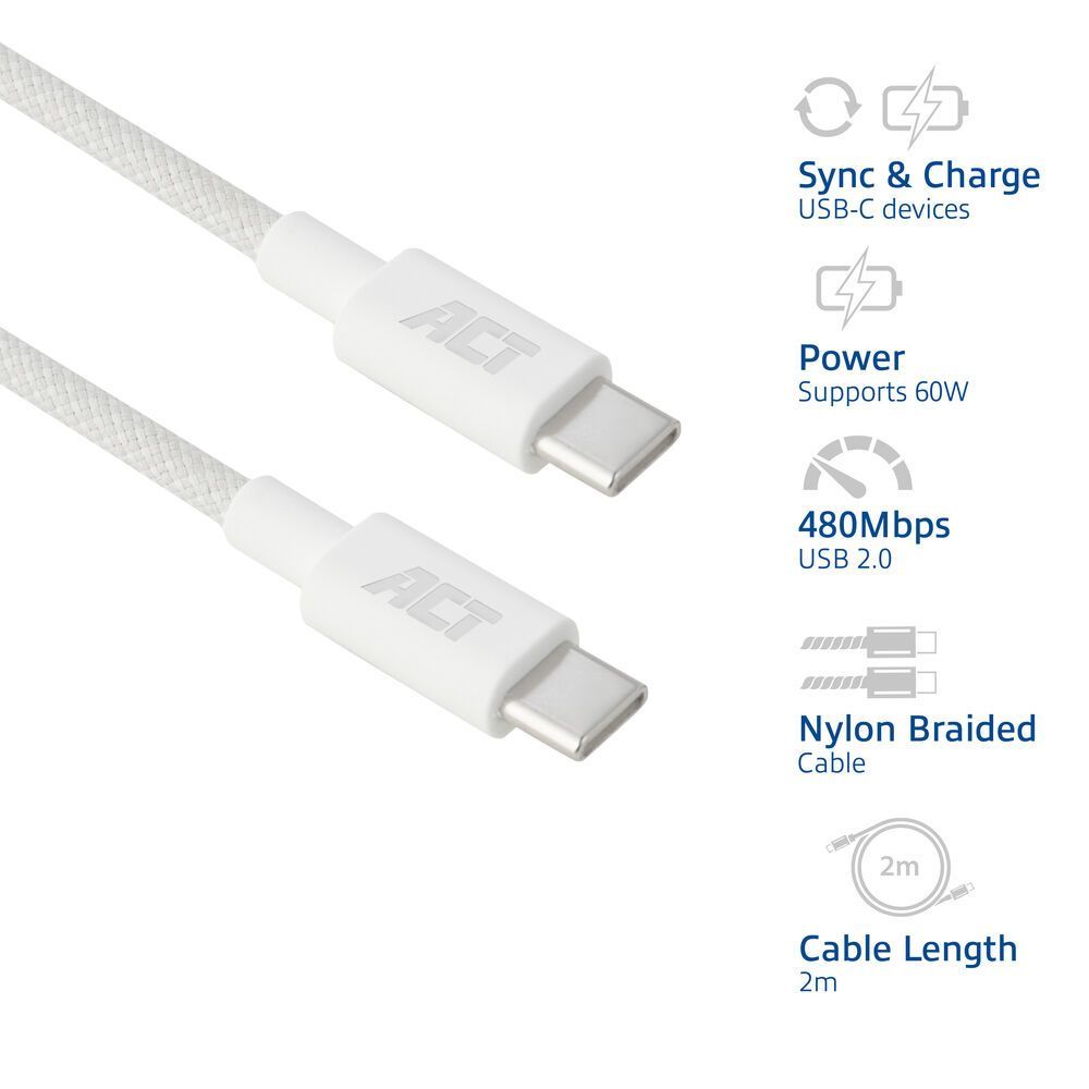 ACT USB 2.0 60W charging/data cable USB-C to USB-C 2m White