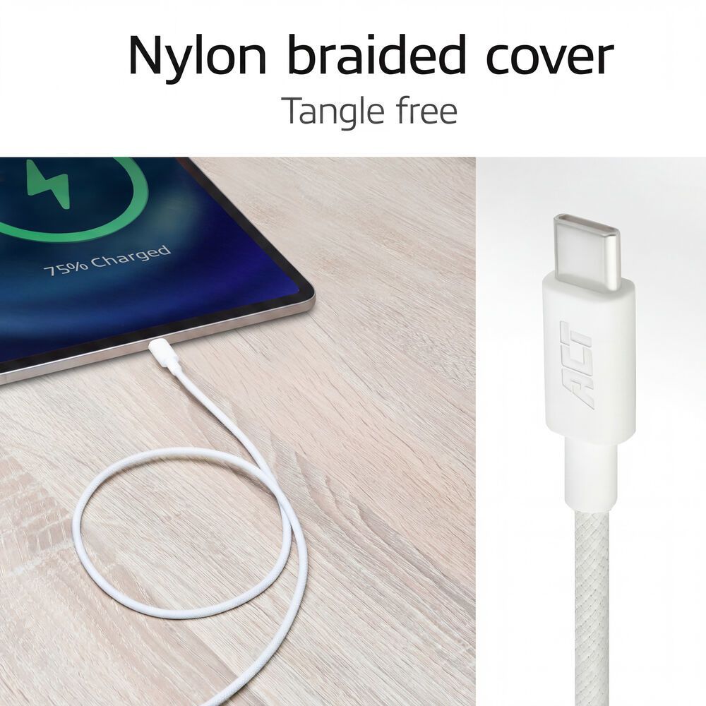 ACT USB 2.0 60W charging/data cable USB-C to USB-C 2m White