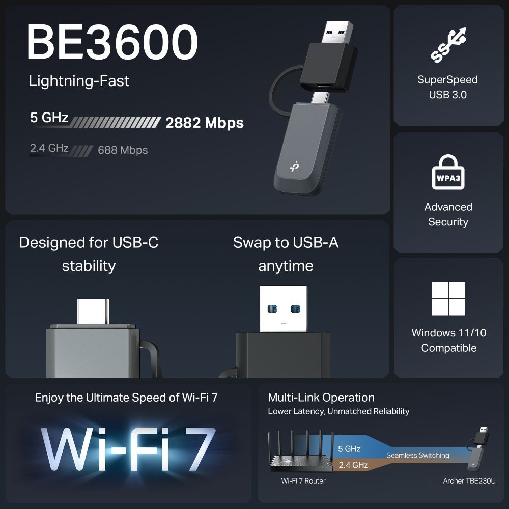 TP-Link Archer TBE230U BE3600 Dual Band Wi-Fi 7 Mini Wireless USB Adapter TP-Link Archer TBE230U BE3600 Dual Band Wi-Fi 7 Mini Wireless USB Adapter