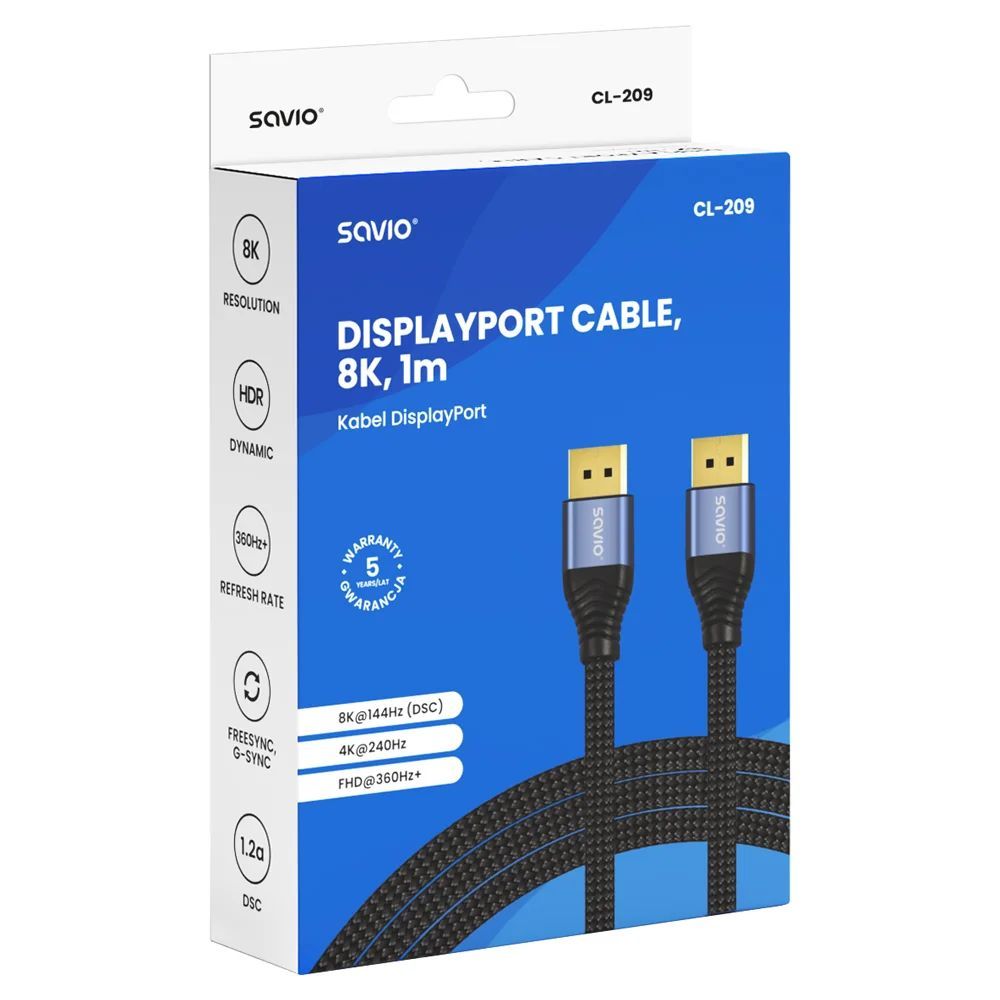 Savio CL-209 DisplayPort 8K cable 1m Black Savio CL-209 DisplayPort 8K cable 1m Black