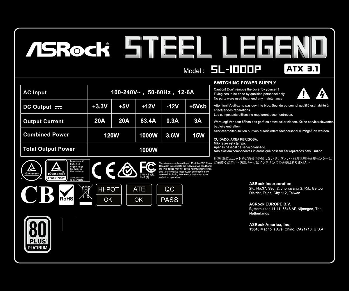 ASRock 1000W 80+ Platinum Steel Legend SL-1000P ASRock 1000W 80+ Platinum Steel Legend SL-1000P